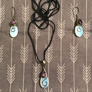 Opal and purple gem necklace and matching earrings